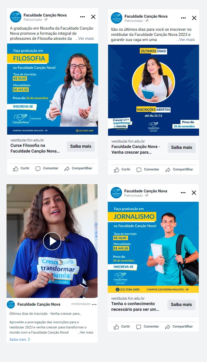 anuncios criados facebook ads Faculdade Canção Nova